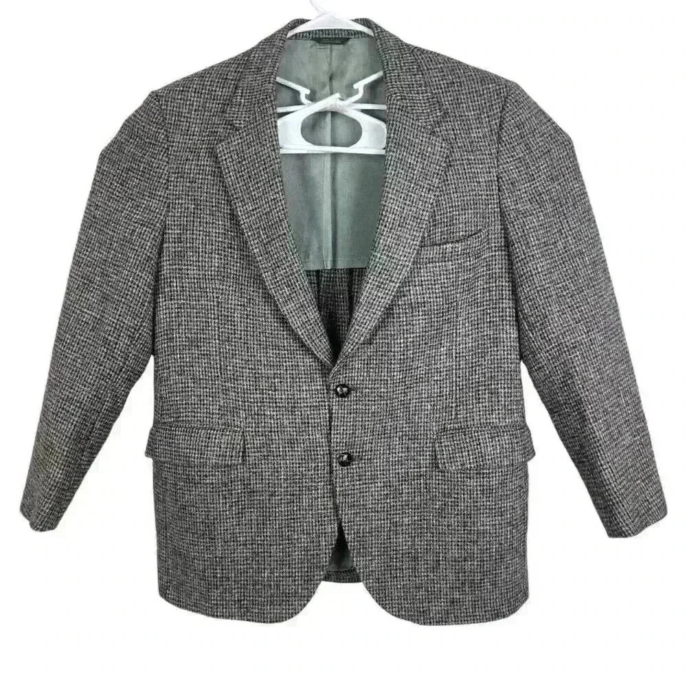 Vintage 44R Classic Harris‎ Tweed 100% Wool Gray Blazer Sport Coat Jacket USA
